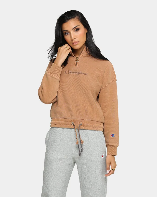 Champion Women's Rev Weave Garment Dye Quarter Zip Pullover Burnt Caramel Cashmere Luxurious Pullover