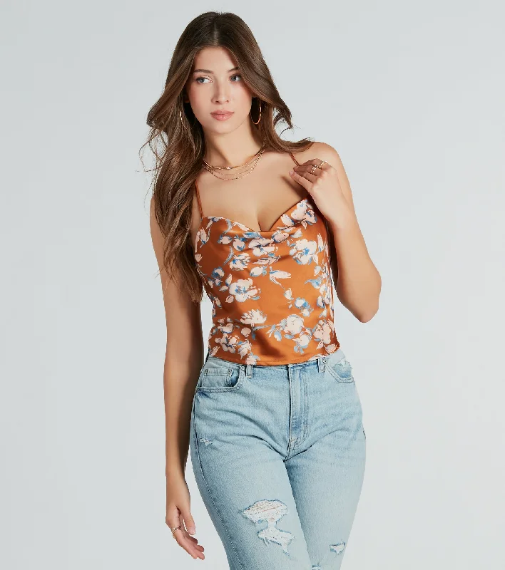 Dreaming Of The Weekend Floral Satin Crop Top Ribbed Crop Top High Neck Heavyweight