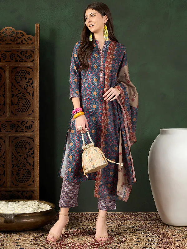 Women's Blue Poly Rayon Floral Printed Straight Kurta Trouser With Dupatta - Ahika Trousers Striped Patterned Women's Blue Poly Rayon Floral Printed Straight Kurta Trouser With Dupatta - Ahika Trousers Striped Patterned