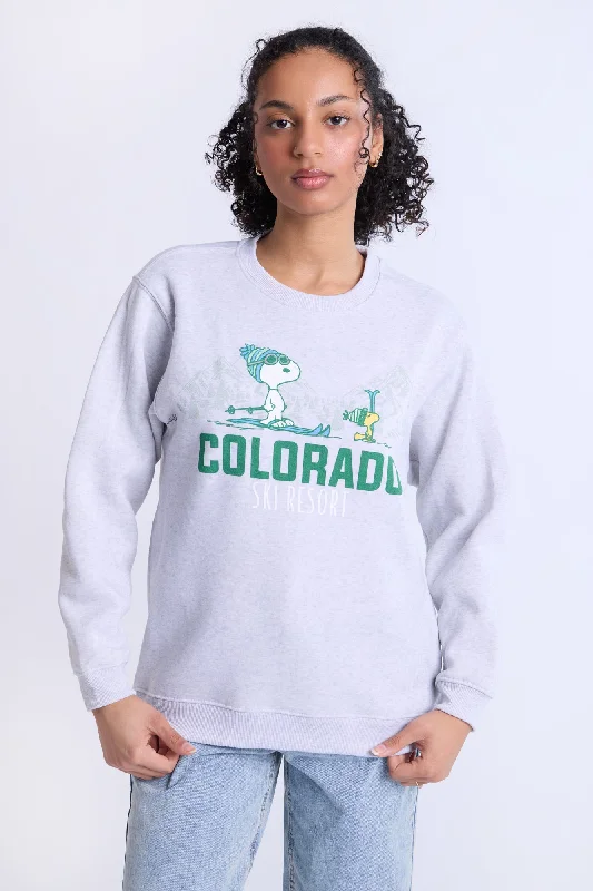 Peanuts Snoopy Colorado Graphic Crew Neck Sweatshirt Hoodie with Button Placket Classic Preppy