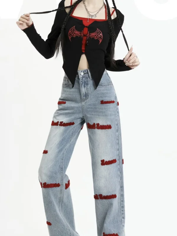 Women'S Fashion Towel Cotton Letter Embroidered Wide Leg Trousers Chinos Cotton Straight Leg