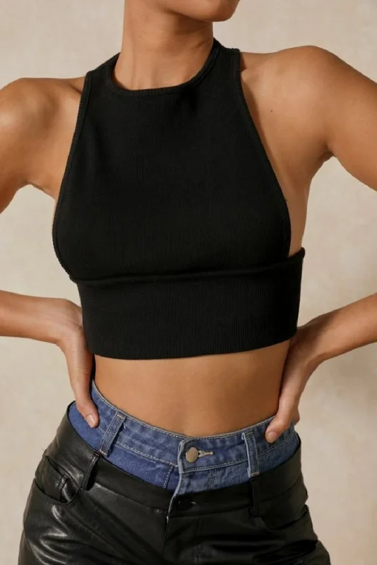 High Neck Thick Band Crop Top Chenille Brocade Lace