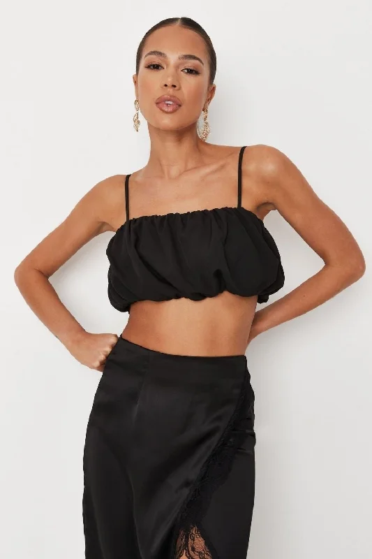 Black Puffball Cami Crop Top Hooded Caped Shawl Collar