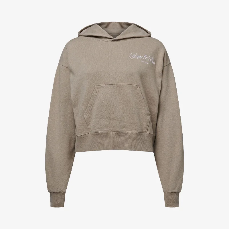 SPORTY & RICH | WMN'S VENDOME SCRIPT EMBROIDERED CROPPED HOODIE { BEIGE Hoodie with Slim Fit Tailored Modern