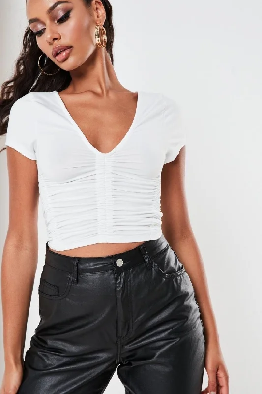 White Slinky Ruched Crop Top Print Jacquard Patchwork