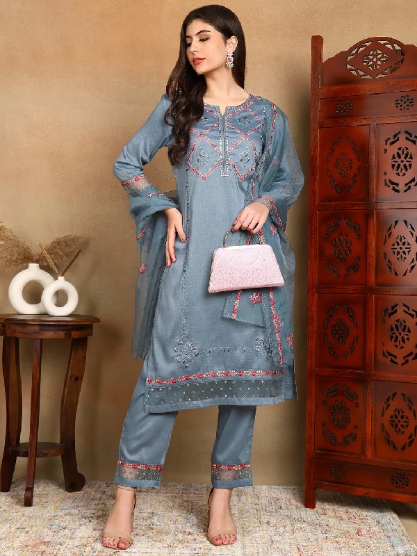 Women's Blue Silk Blend Embroidered Kurta Trouser With Dupatta - Ahika Trousers Leather Faux Women's Blue Silk Blend Embroidered Kurta Trouser With Dupatta - Ahika Trousers Leather Faux