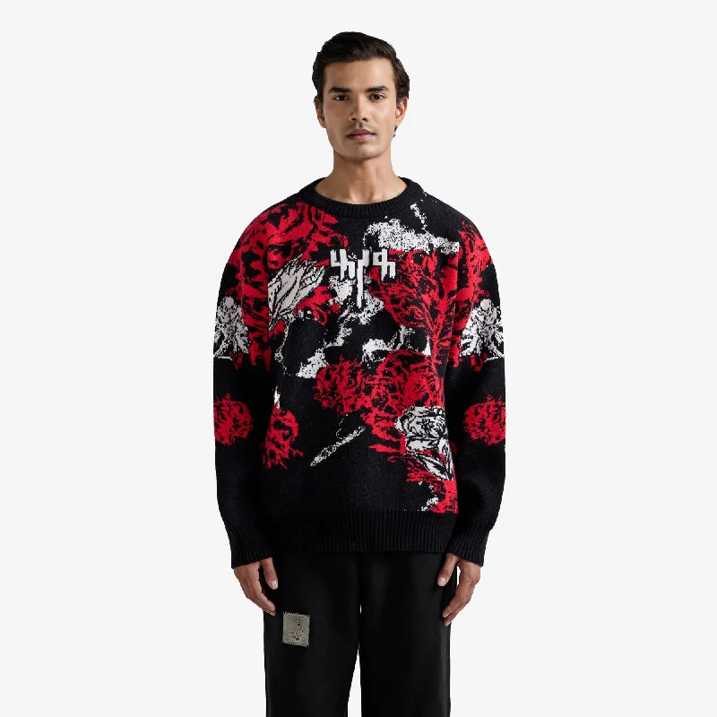 F A R A K | HALLUCINATION KNITTED SWEATSHIRT { BLACK/RED Hoodie with Distressed Vintage Worn