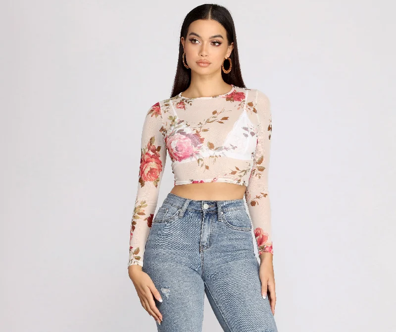Sweet Floral Mesh Crop Top Zippered Buttoned Snapped