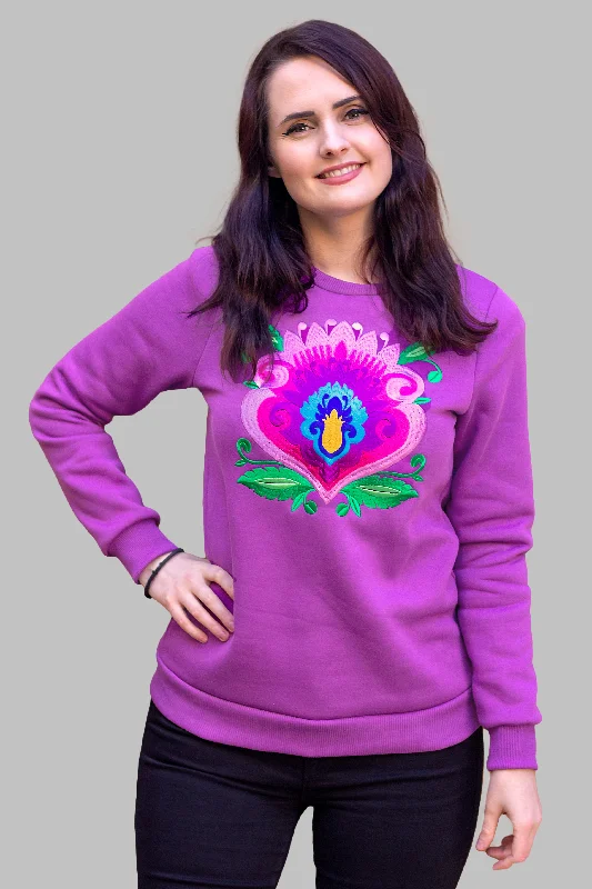 Kalina Heavyweight Embroidered Purple Sweatshirt Hoodie with Color Block Contrast Stylish