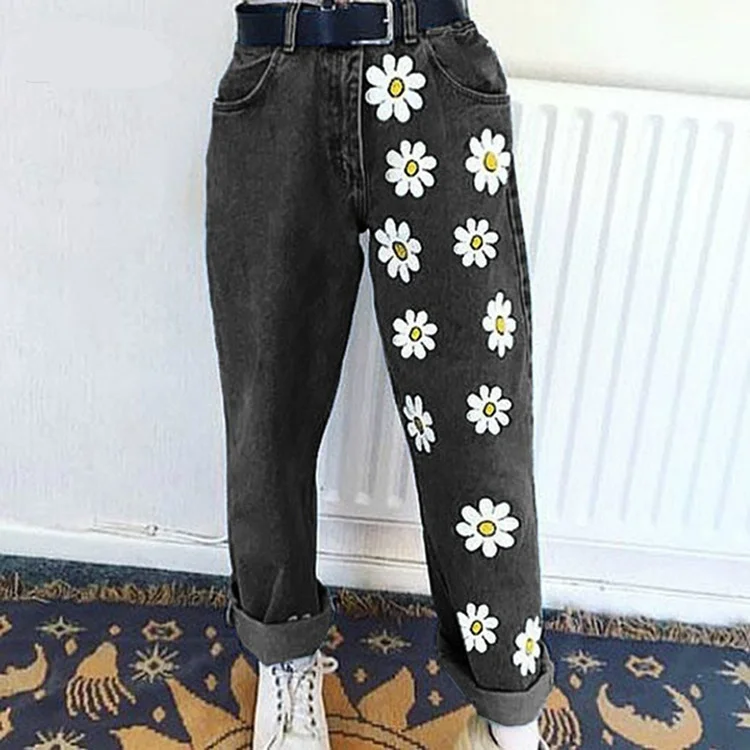 Women'S Fashion Floral Printing Denim Trousers High Waist Slim Fit Ankle Length