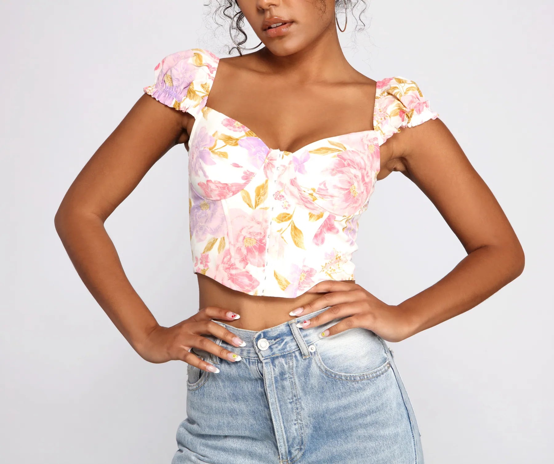Sweet Floral Vibes Corset Crop Top Print Jacquard Patchwork