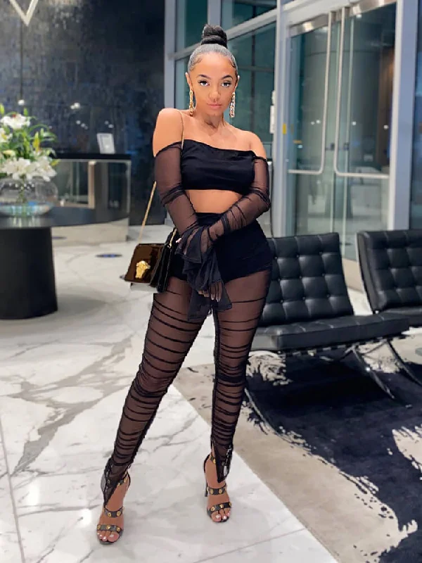 2 Pieces Sheer Mesh Off Shoulder Crop Tops+Leggings Elegant Classic Vintage