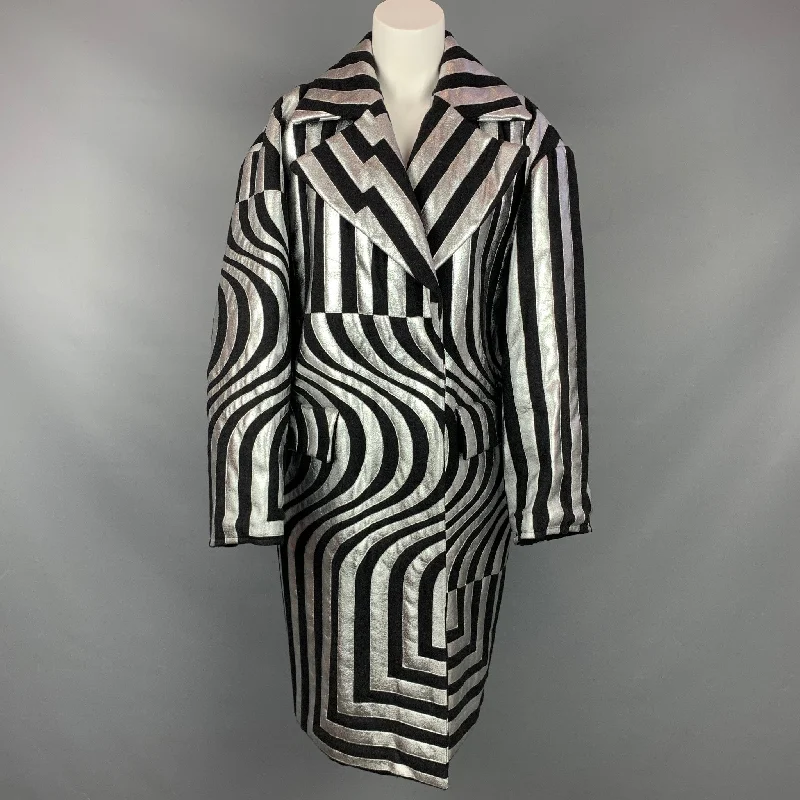 DRIES VAN NOTEN FW 14 Size S Black & Silver Stripe Wool Blend Oversized Double Breasted Coat Cotton Linen Terry