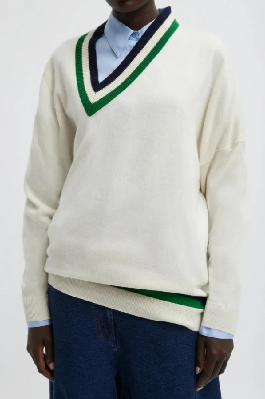 TIBI Washable Cashmere Striped Warp V-Neck Pullover Crew Neck Wool