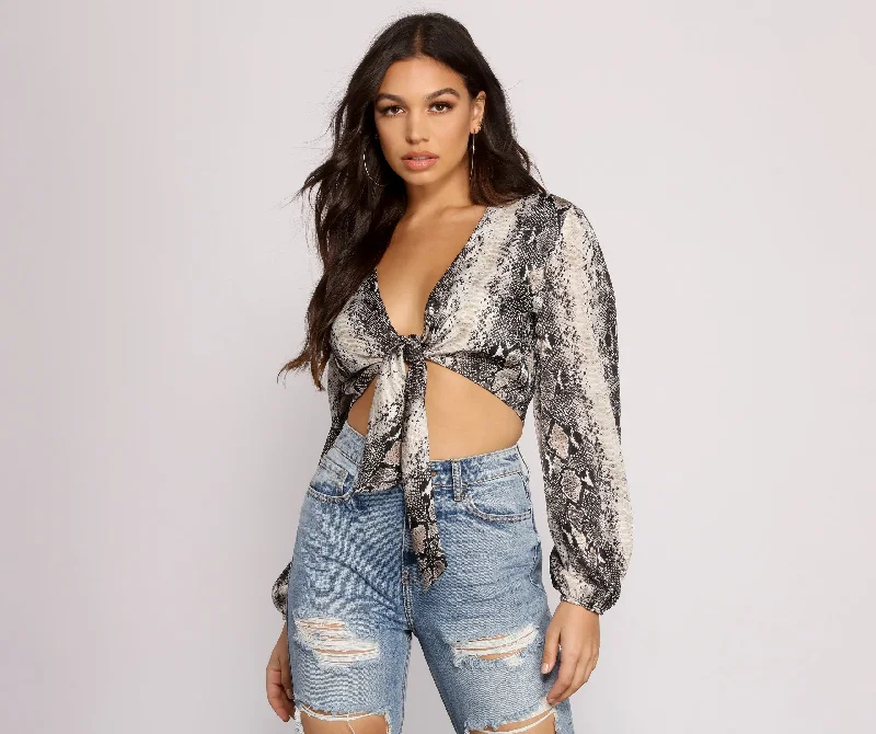 Chic Satin Snake Print Crop Top Chenille Blend Fleece Blend Nylon Blend