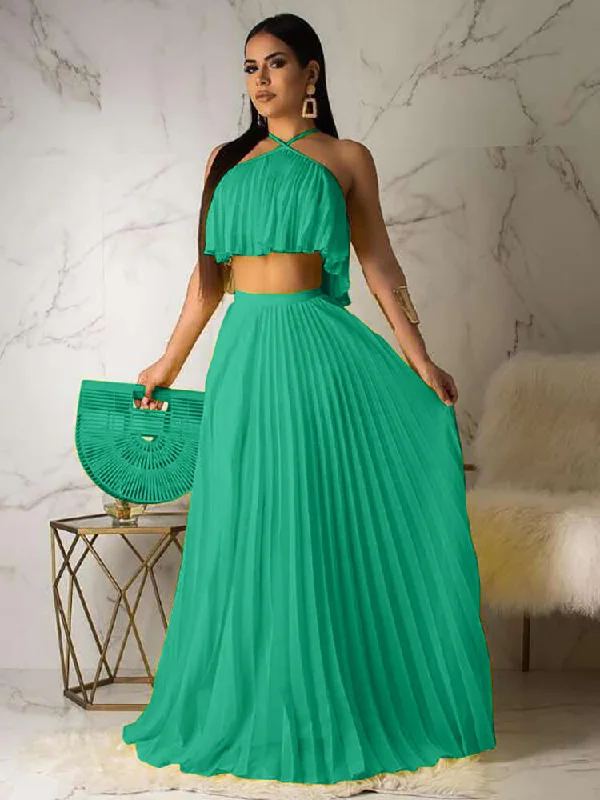 2 Piece Boho Off Shoulder Crop Top+Pleated Skirts Sets Print Jacquard Patchwork