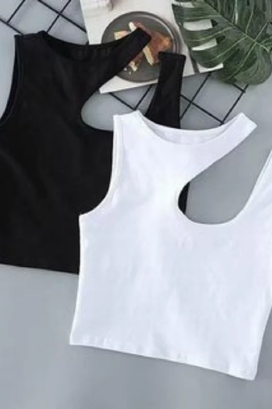 White Shoulder Cut Out Sleeveless Crop Top Layered Multi-layer Single Layer