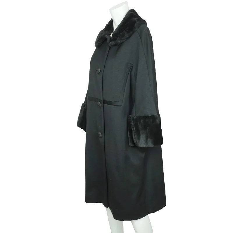 Vintage 1960s Black Wool Coat by Miss Style Faux Fur Trim Ladies Size L Bomber Denim Leather