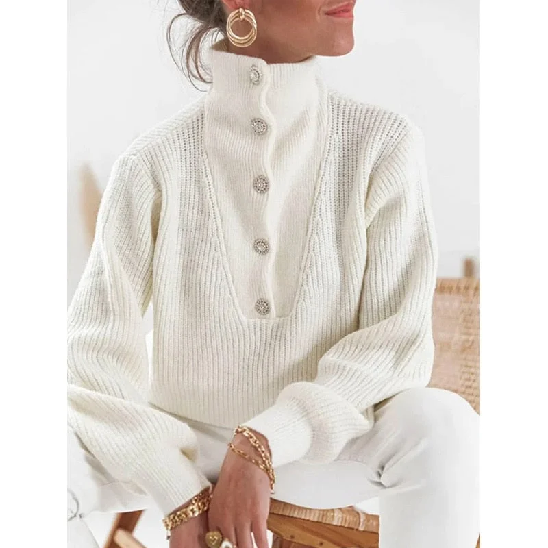 Casual Long Sleeve Button Tops Ladies Warm Pullover Tops Keyhole Neck Pullover
