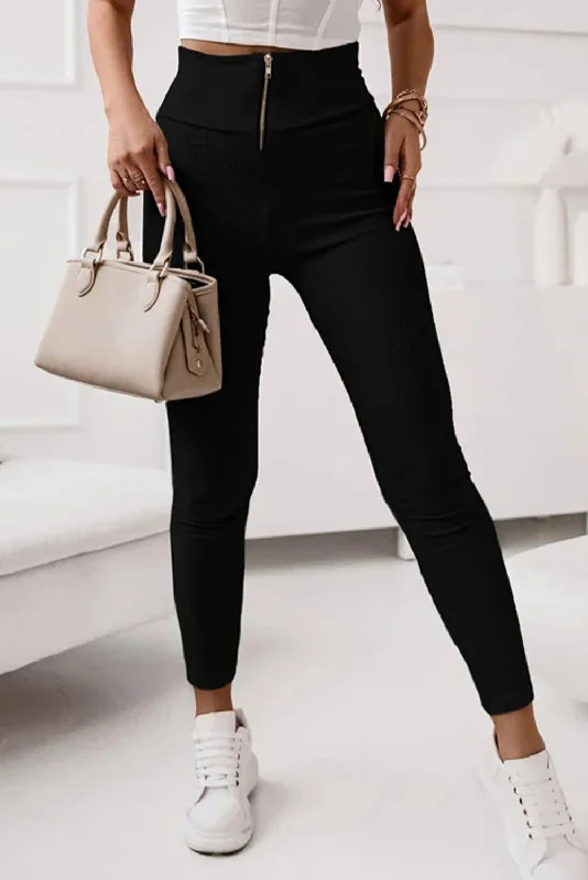 Black Zipper Ribbed Wide Waistband High Rise Leggings Trendy Black Mesh Leggings