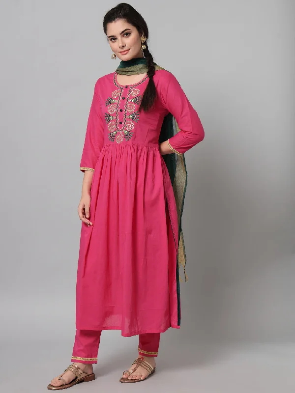 Women's Pink Embroidered Kurta Trouser Set With Dupatta - Tulsattva Trousers Cargo Utility