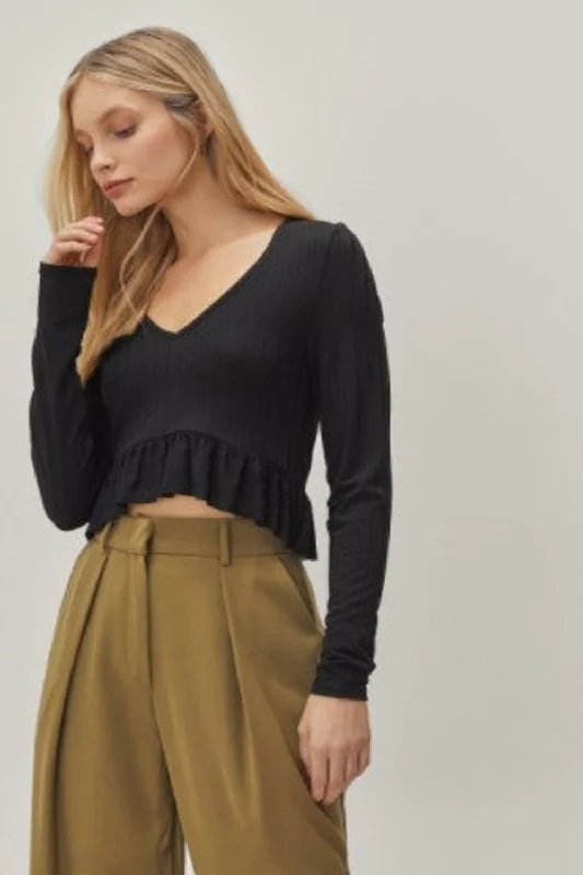 Ribbed Ruffle Hem Long Sleeve Crop Top Anti-Pilling Machine Wash Handmade
