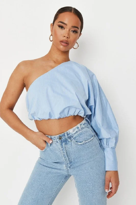 Blue One Shoulder Poplin Crop Top Collared Crew Neck Turtle Neck