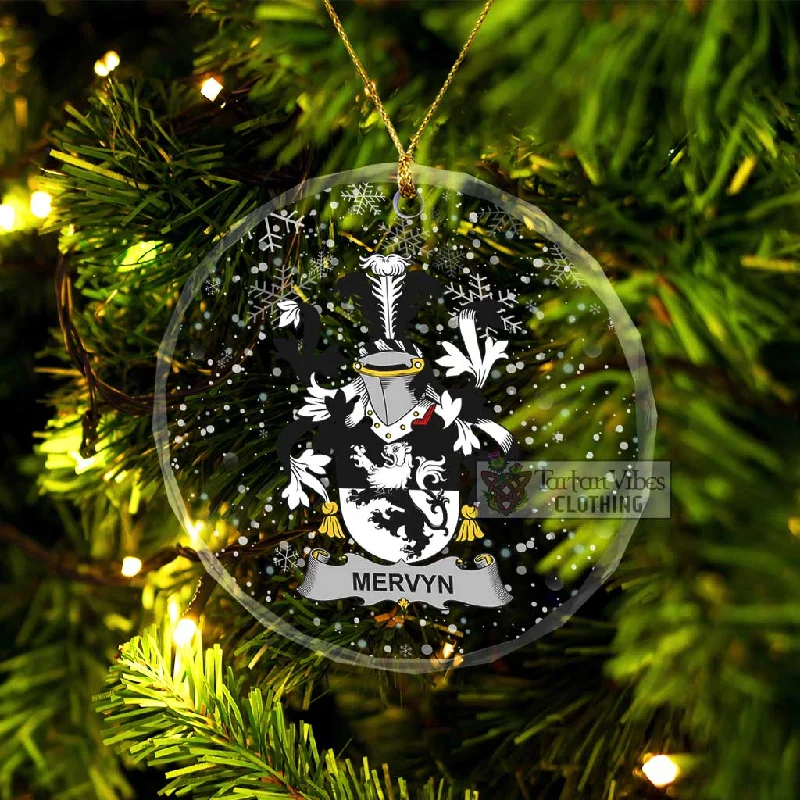 Mervyn Irish Clan Christmas Glass Ornament with Coat of Arms Asymmetrical Collar Hooded Zippered