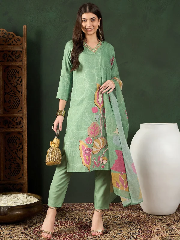 Women's Green Silk Blend Floral Printed Straight Kurta Trouser With Dupatta - Ahika Cropped Trousers Casual Linen Women's Green Silk Blend Floral Printed Straight Kurta Trouser With Dupatta - Ahika Cropped Trousers Casual Linen