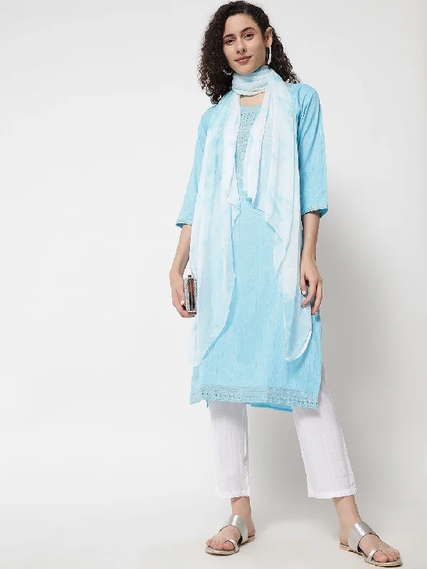 Women's Silver Striped Lurex Kurta With Trousers & With Dupatta - Aayumi Trousers Top Rated