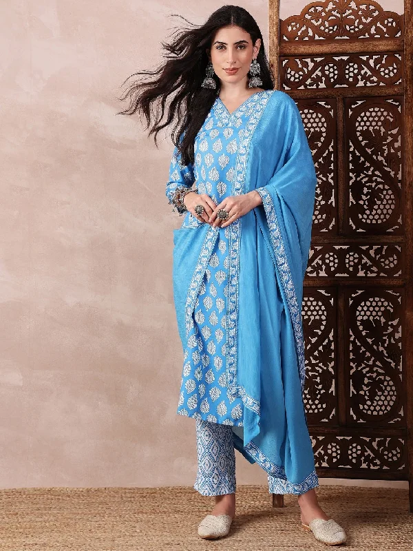 Women's Blue Rayon Blend Floral Printed Straight Kurta Trouser With Dupatta - Ahika Trousers Bootcut Casual Women's Blue Rayon Blend Floral Printed Straight Kurta Trouser With Dupatta - Ahika Trousers Bootcut Casual