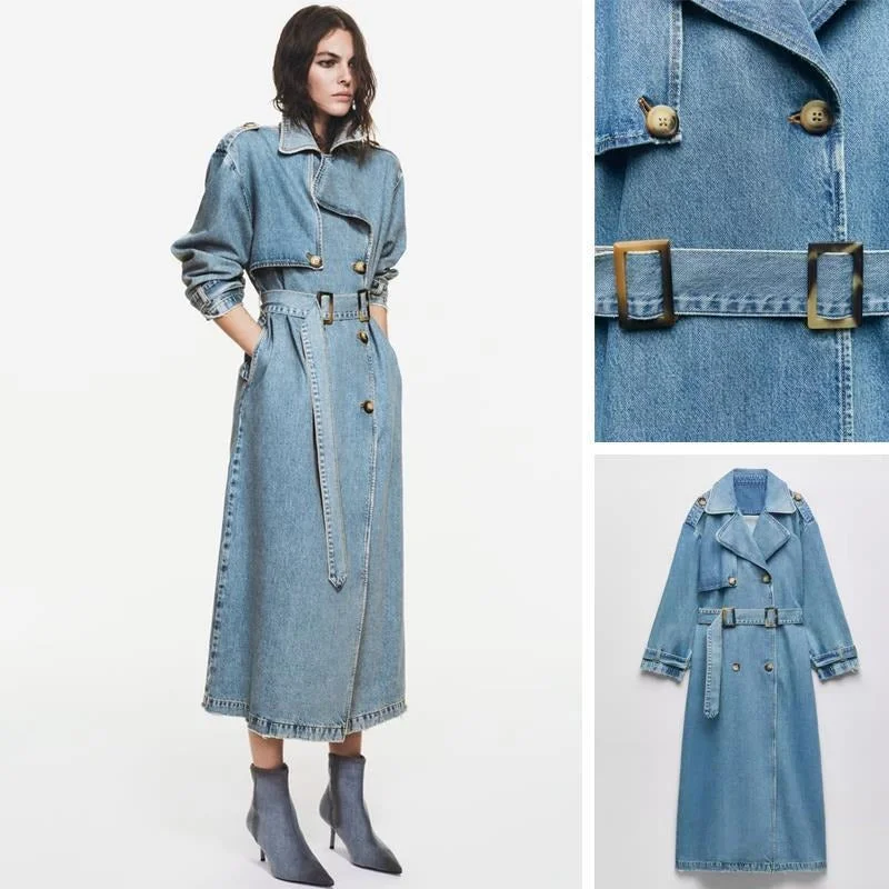 New Style With Belt Loose Mid-length Double-breasted Denim Trench Coat Lapel Coat Peter Pan Collar Coat Cowl Neck Coat
