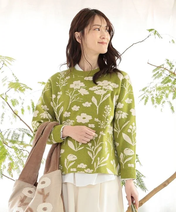 Botanical jacquard knit pullover 24W083 Boxy Neck Sweater