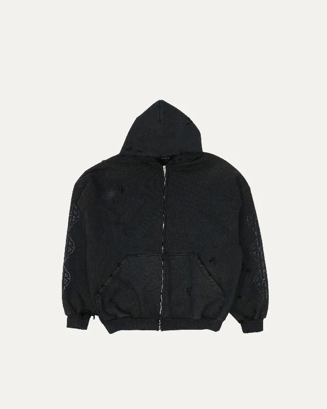 FW23 Paris Moon Zip-Up Hoodie Hoodie with Raw Hem Edgy Unfinished