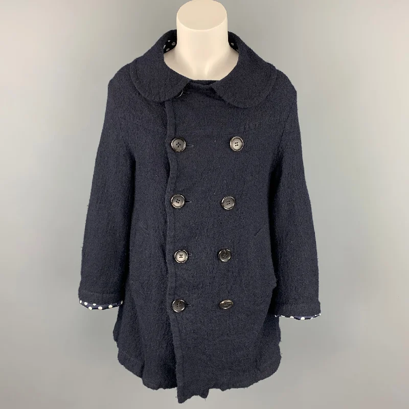 COMME des GARCONS TRICOT Size S Navy Wool Double Breasted Coat Print Jacquard Embroidered