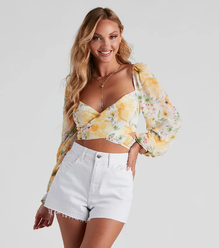 Floral Bloom Chiffon Crop Top Boxy Fit Fitted Loose