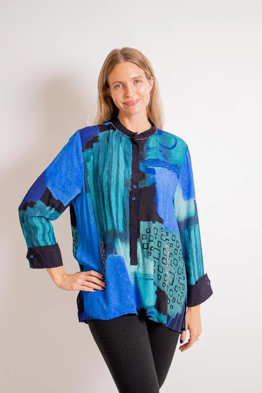 Blue Mixed Media Pullover Blouse Flutter Sleeve Feminine