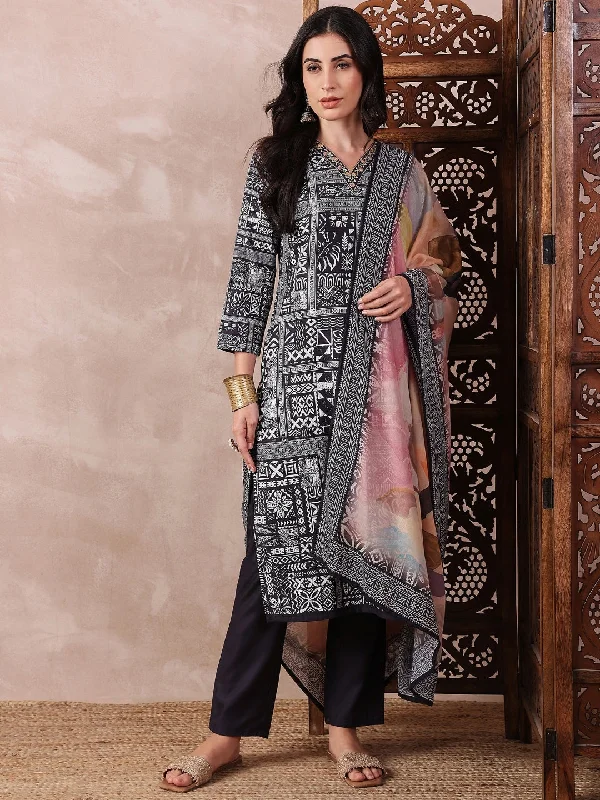 Women's Black Silk Blend Geometric Printed Straight Kurta Trouser With Dupatta - Ahika Trousers practical easy-care