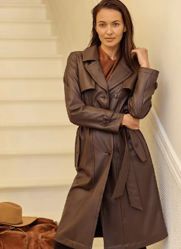 Cielo Vegan Leather Trench Coat | Dark Mocha Appliqued Beaded Sequined