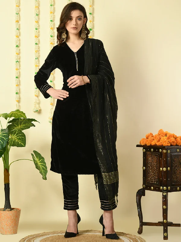 Women's Black  Velvet Kurta & Trousers With Dupatta Party Sets - Myshka Trousers Custom Made