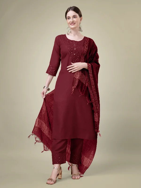 Women's Maroon Cotton Blend Embroidery & Sequence Work Kurta With Trouser & Dupatta - Jyoti Fashion Trousers Solid Black