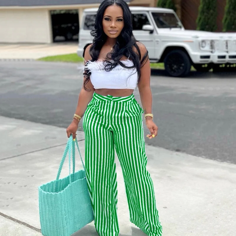 Women Fashion Casual Stripe Printing Wide Leg Loose Trousers Trousers Bestseller Popular