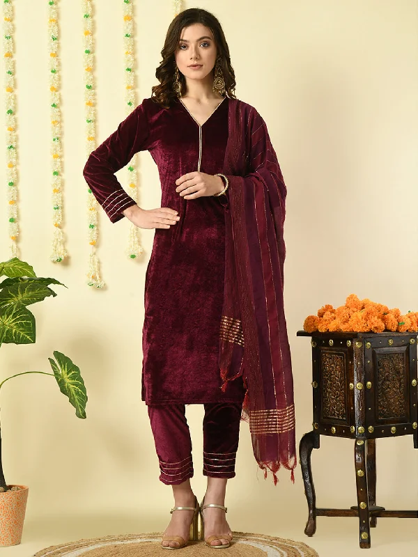 Women's Magenta  Velvet Kurta & Trousers With Dupatta Party Sets - Myshka Trousers Polka Dot Cute