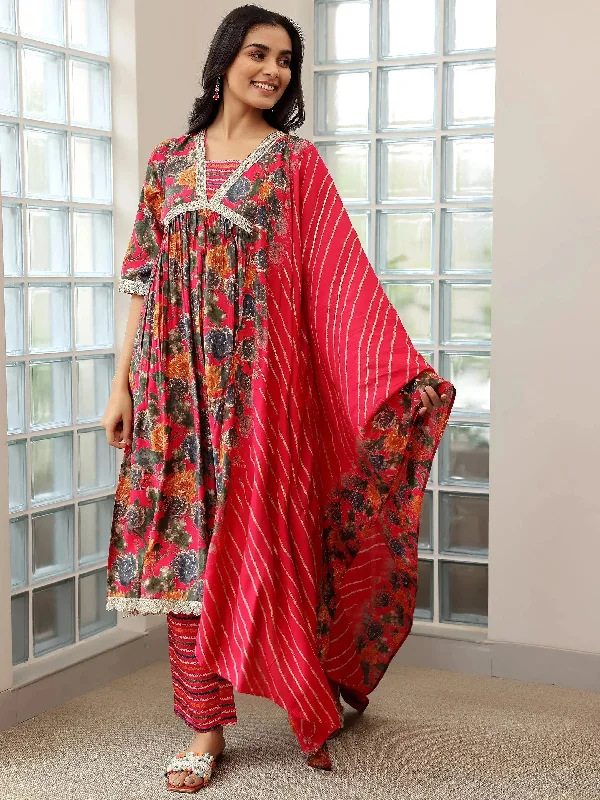Pink Printed Silk Blend A-Line Kurta With Trousers & Dupatta Trousers Denim Distressed