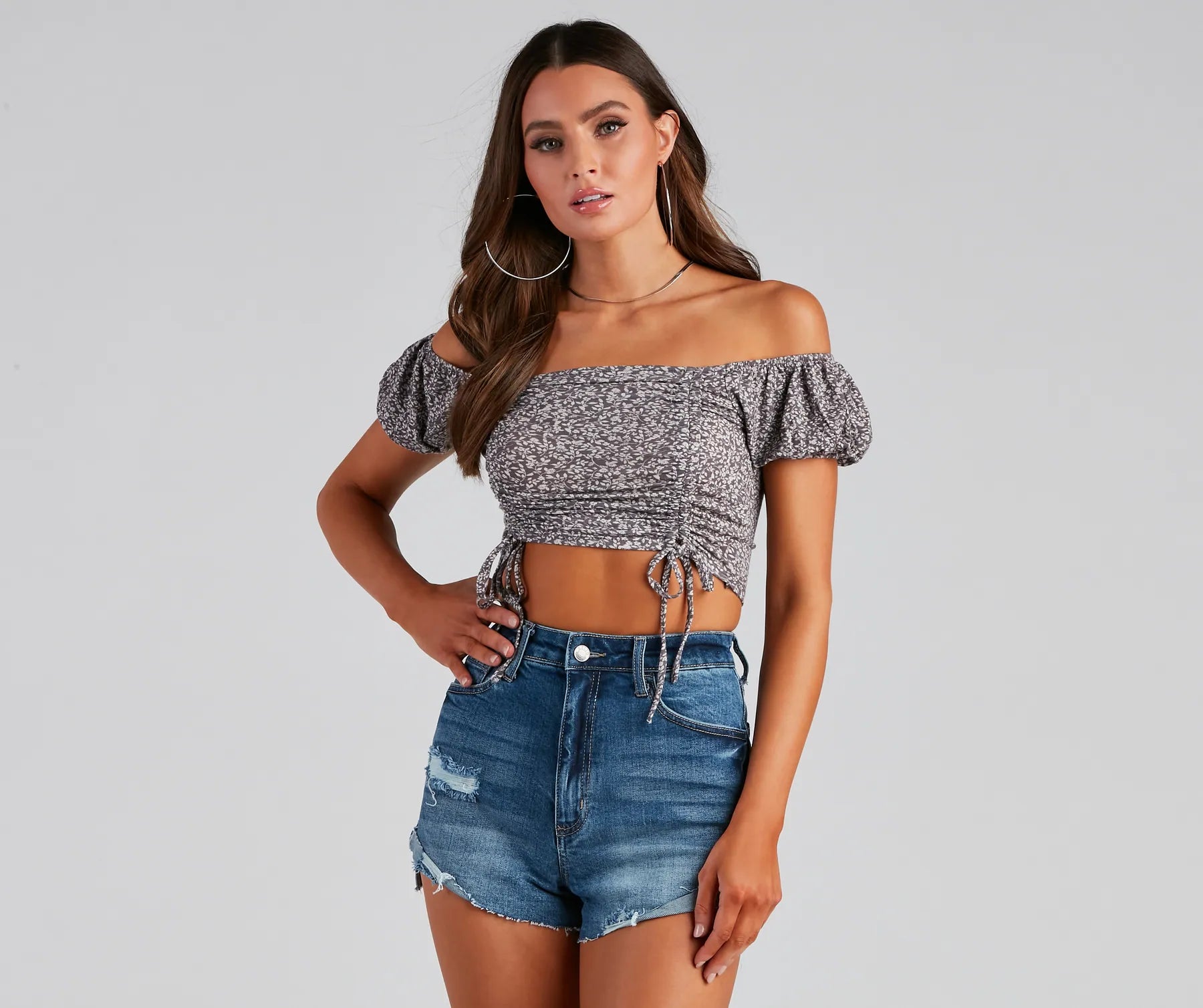 Ditsy Floral Off-Shoulder Crop Top Print Jacquard Patchwork