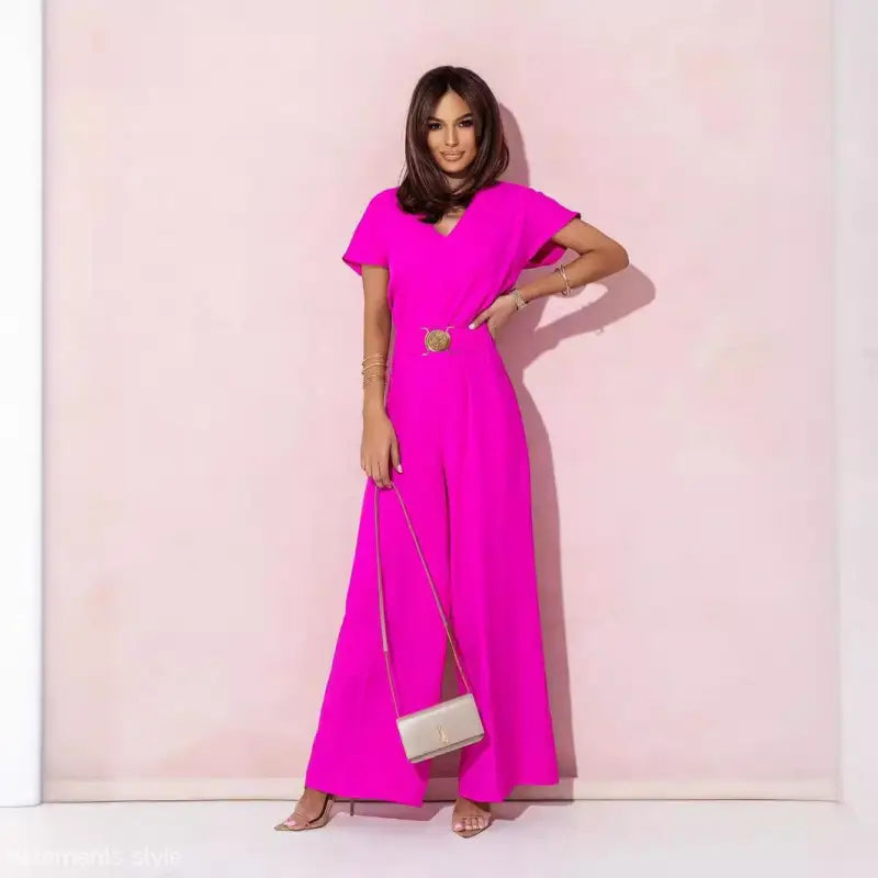 Coral Red Casual Trousers Jumpsuit with Short Sleeves Trousers Office Stylish