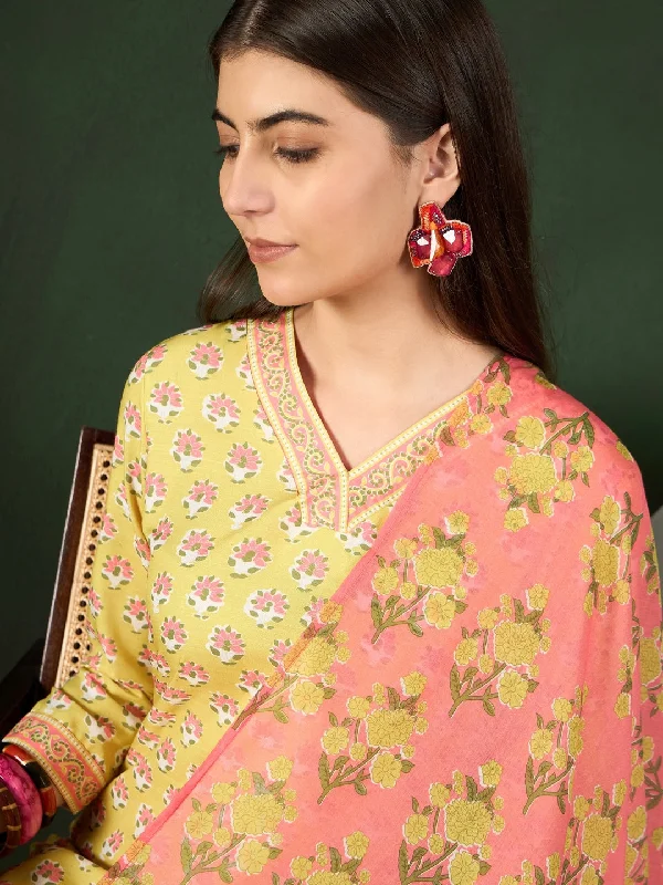 Women's Yellow Rayon Blend Floral Printed Straight Kurta Trouser With Dupatta - Ahika Trousers luxurious premium
