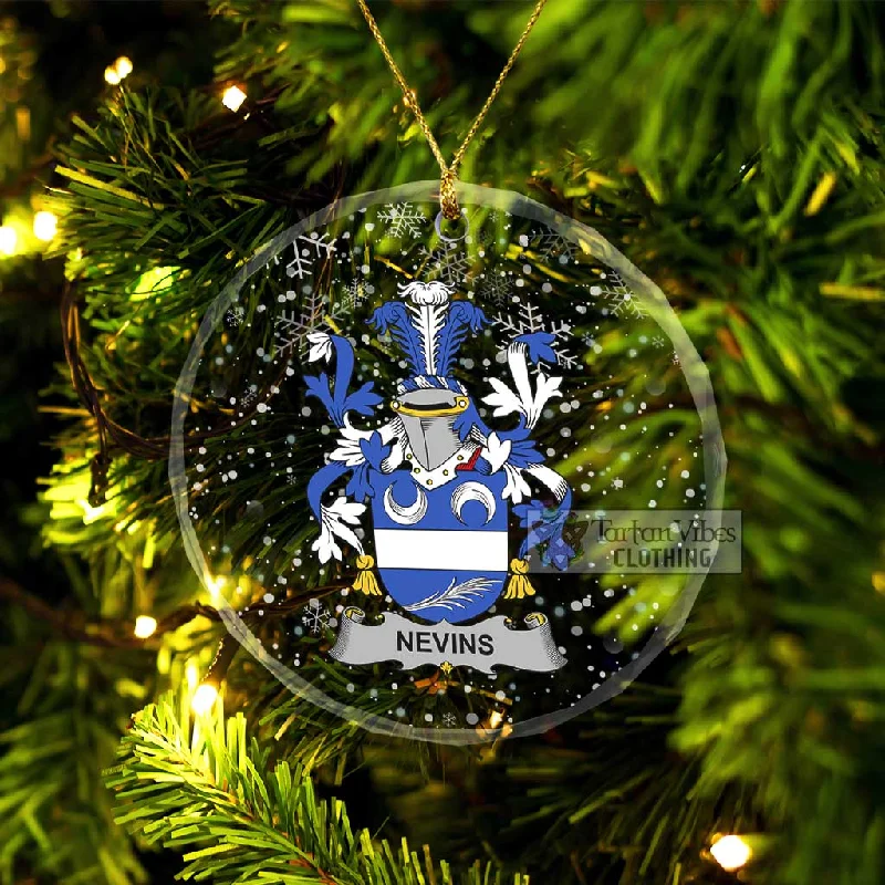 Nevins Irish Clan Christmas Glass Ornament with Coat of Arms Vent Hem Cuff
