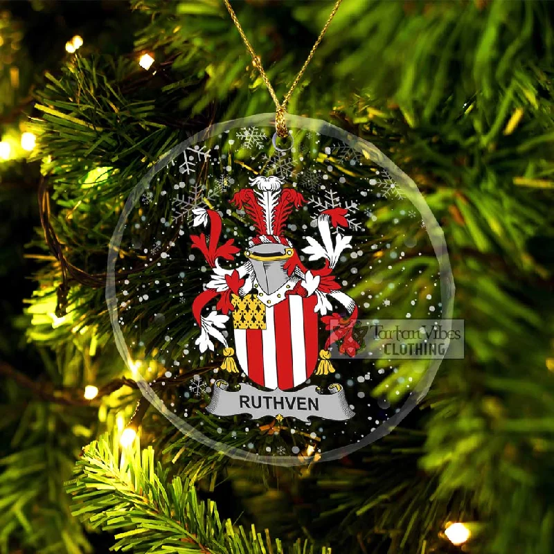Ruthven Irish Clan Christmas Glass Ornament with Coat of Arms Sequined Lace Ribbed