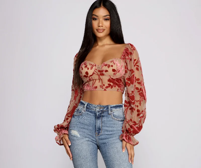 Romantic Vibes Floral Burn Out Crop Top Cashmere Blend Cotton Blend Poly Blend